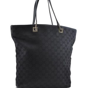 GUCCI GG Black Canvas Leather Tote Shoulder Bag